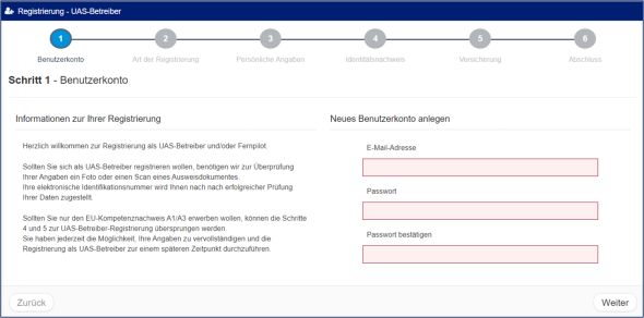 Registration as an operator Image of the home page for registration as a UAS operator.