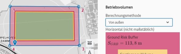 Dropdown Auswahl zur Berechnungsmethode "Von außen" mit Kartendarstellung der Geometrie.  Der Betriebsraum (Flight Geography und Contingency Volume) und derGround Risk Buffer befinden sich innerhalb der eingezeichneten Geometrie