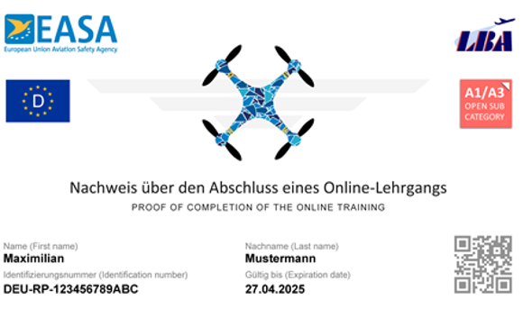 Sample of a EU certificate of competency, including logos of EASA, LBA and a QR-code, issued for A1/A3 category. Text: Proof of completition of the online training. Issued to Maximilian Mustermann.