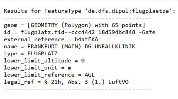 Figure shows following output text: Results for FeatureType 'de.dfs.dpul:flugplaetze': -------------------------------------------- geom = [GEOMETRY (Polygon) with 33 points] id = flugplatz.fid--39974a14_17dac8e5679_-380d name = Frankfurt-Main BG Unfallklinik type = FLUGPLATZ lower_limit_altitude = 0 lower_limit_unit = M lower_limit_reference = GND upper_limit_altitude = 99999 upper_limit_unit = M upper_limit_reference = GND legal_ref = § 21h, Abs. 3 (1.) LuftVO --------------------------------------------